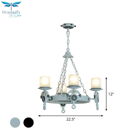 4 Heads Parlor Chandelier Light Children Blue/Brown Hanging Lamp Kit With Cylinder Frosted Glass