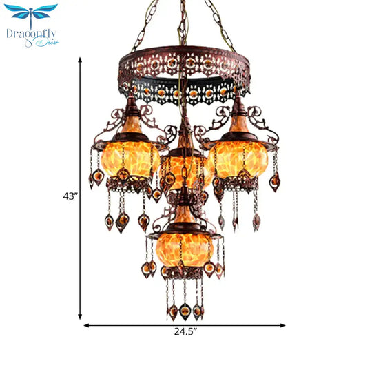 4 Heads Stained Glass Chandelier Bohemia Orange Lantern Living Room Pendant Lighting