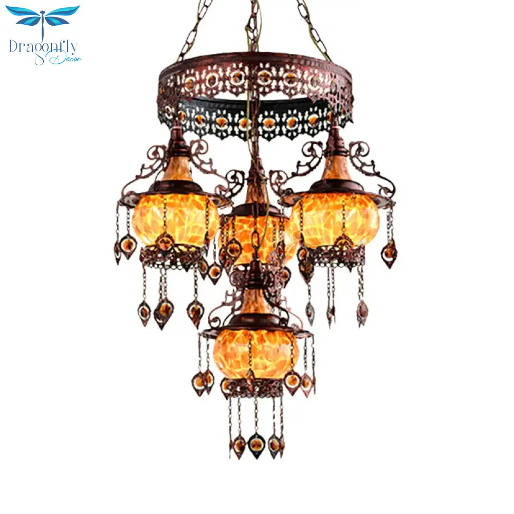 4 Heads Stained Glass Chandelier Bohemia Orange Lantern Living Room Pendant Lighting