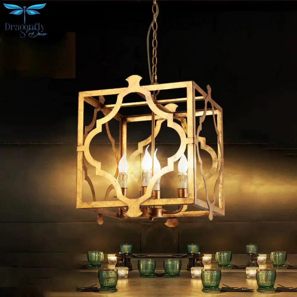 4 - Light Chandelier Light Antique Restaurant Suspension Pendant With Quatrefoil Metal Cage In Gold