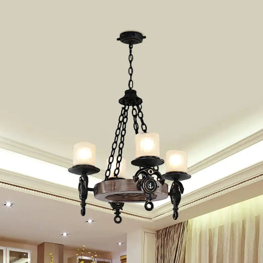 4 Lights Bedroom Pendant Lighting Nautical Blue/Black Chandelier Lamp With Cylinder Dimpled Glass