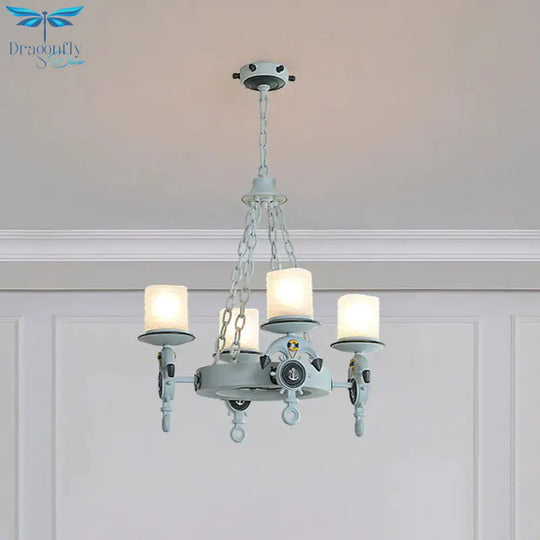 4 Lights Bedroom Pendant Lighting Nautical Blue/Black Chandelier Lamp With Cylinder Dimpled Glass