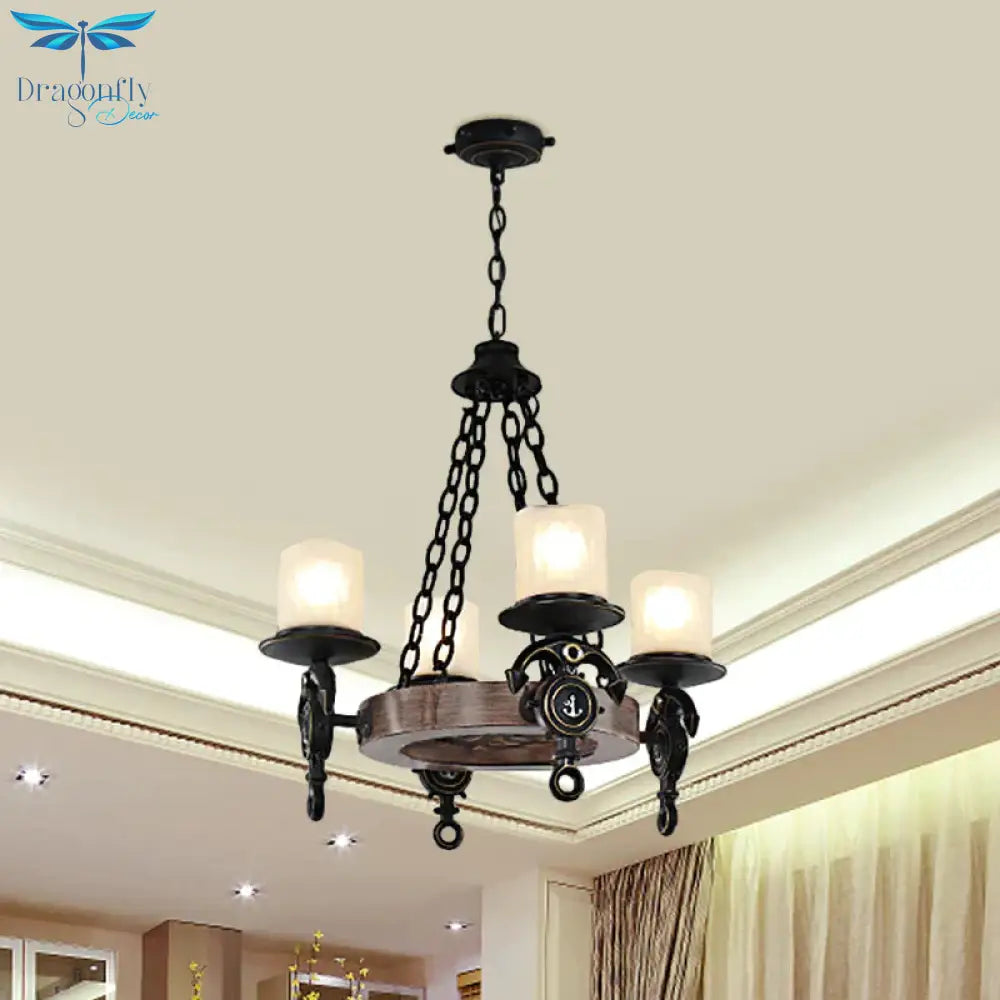 4 Lights Bedroom Pendant Lighting Nautical Blue/Black Chandelier Lamp With Cylinder Dimpled Glass