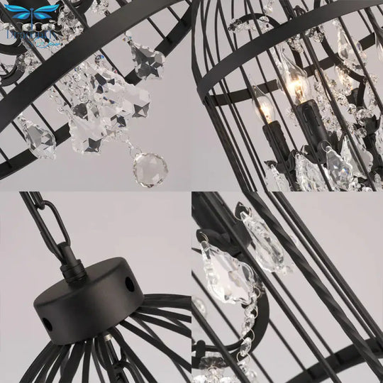 4 Lights Birdcage Chandelier Lighting Rustic Black Metal Pendant Light Fixture For Dining Room