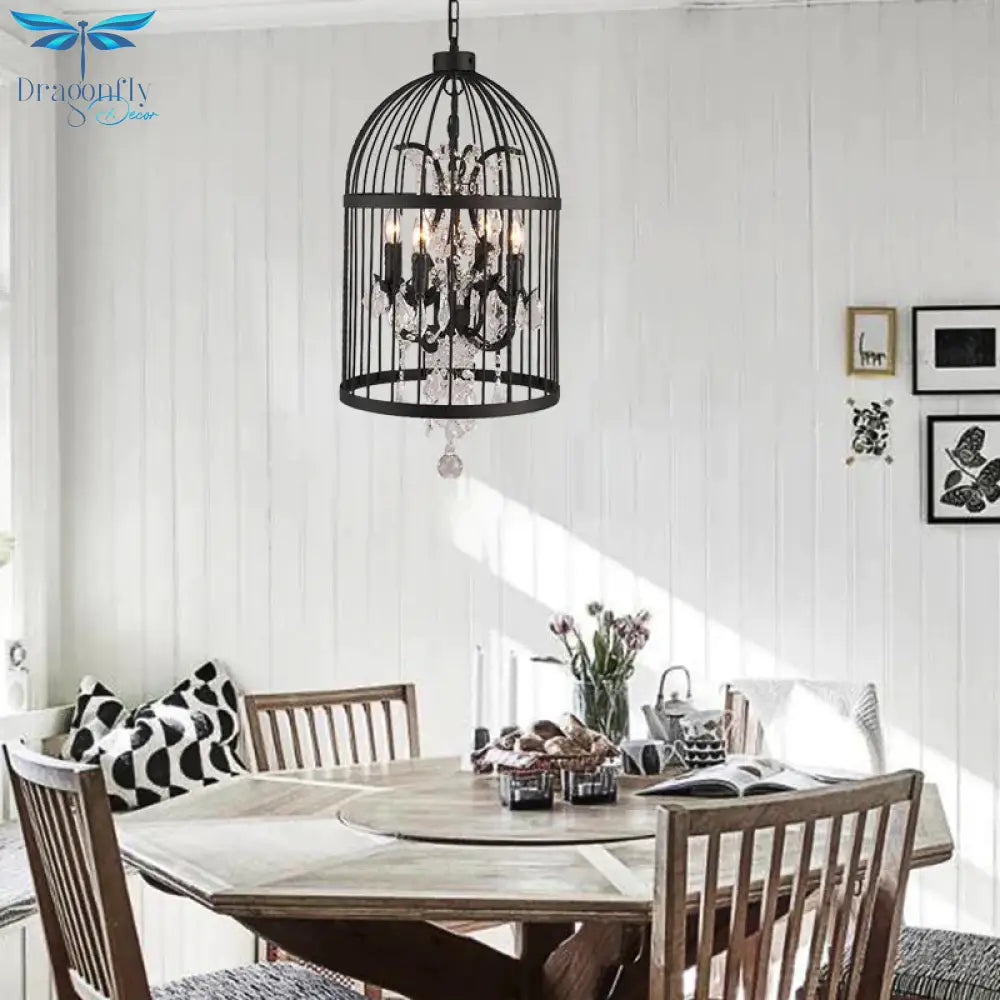 4 Lights Birdcage Chandelier Lighting Rustic Black Metal Pendant Light Fixture For Dining Room