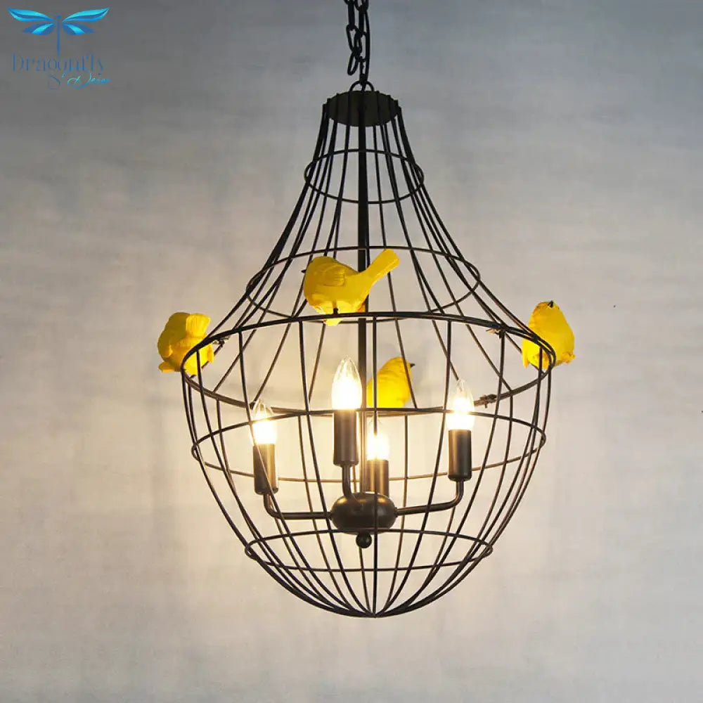 4 Lights Candelabra Suspended Lighting Fixture Traditional Black Metal Chandelier With Cage