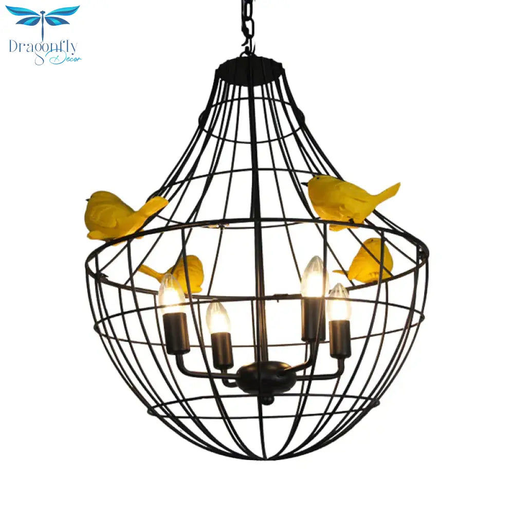 4 Lights Candelabra Suspended Lighting Fixture Traditional Black Metal Chandelier With Cage