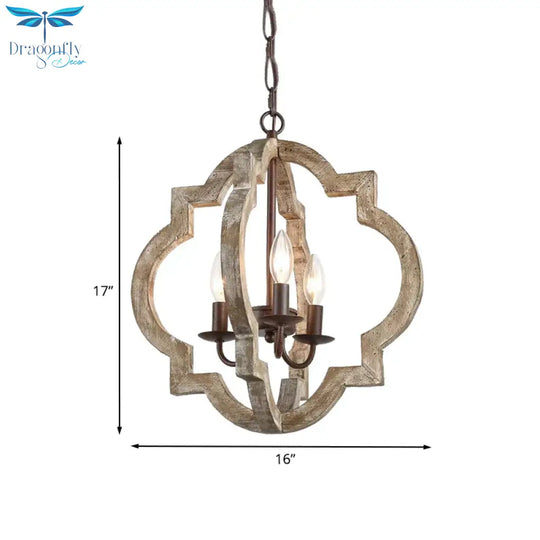4 Lights Candle - Style Ceiling Chandelier Countryside Beige Wood Pendant Lamp With Globe Cage