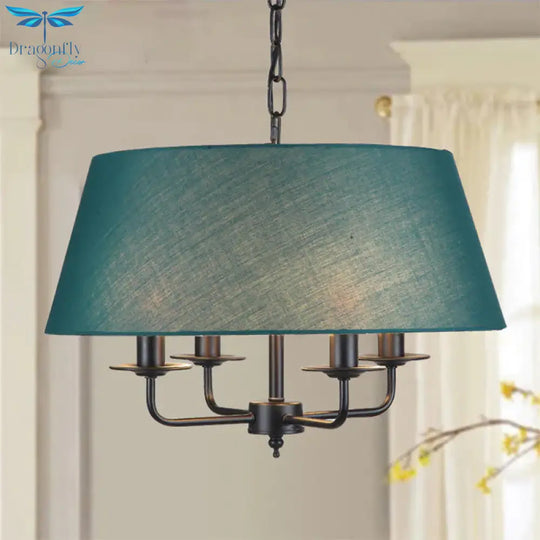 4 Lights Fabric Chandelier Light Rural Style Beige/Green Tapered Drum Dining Room Drop Pendant