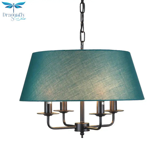 4 Lights Fabric Chandelier Light Rural Style Beige/Green Tapered Drum Dining Room Drop Pendant