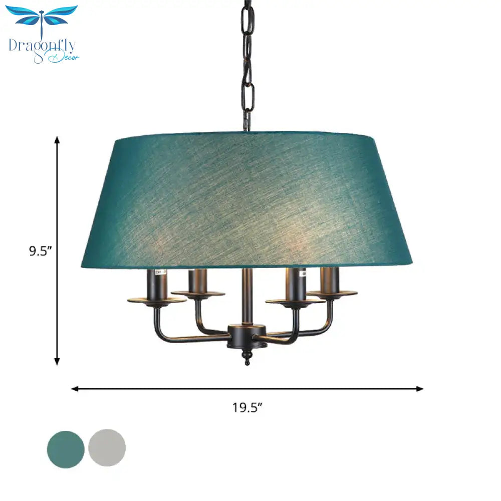 4 Lights Fabric Chandelier Light Rural Style Beige/Green Tapered Drum Dining Room Drop Pendant