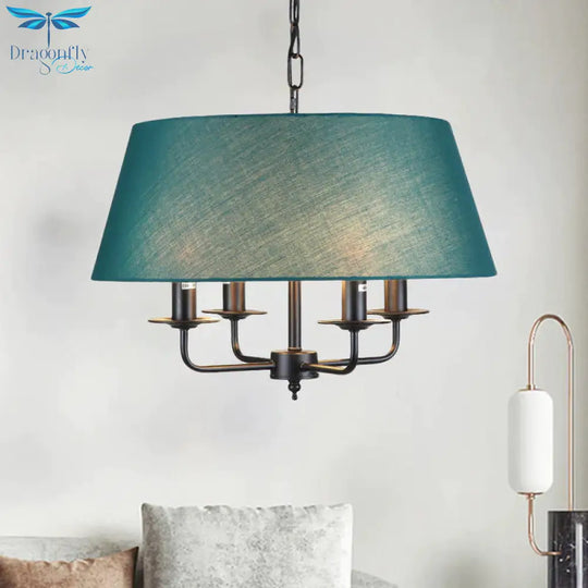 4 Lights Fabric Chandelier Light Rural Style Beige/Green Tapered Drum Dining Room Drop Pendant