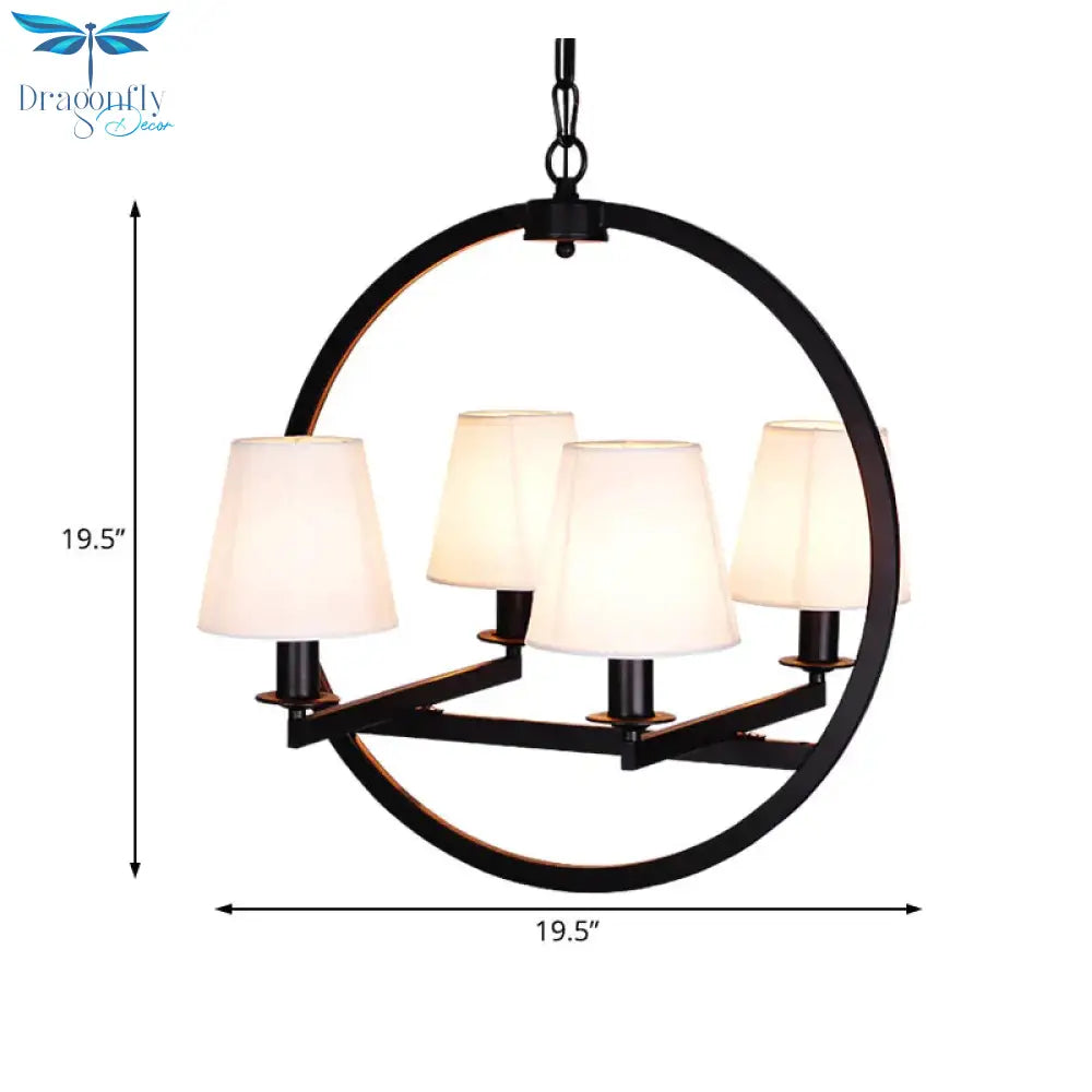 4 Lights Fabric Chandelier Light Traditional White/Flaxen Cone Dining Room Hanging With Black Ring