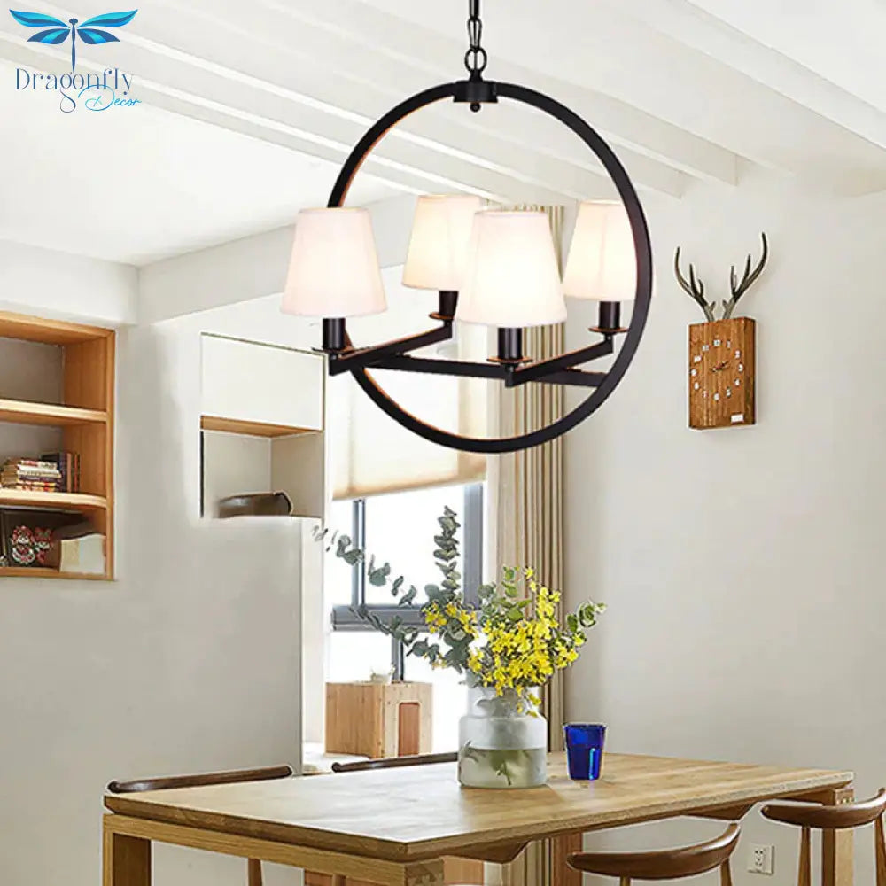 4 Lights Fabric Chandelier Light Traditional White/Flaxen Cone Dining Room Hanging With Black Ring