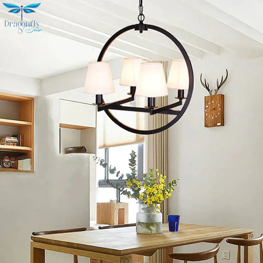 4 Lights Fabric Chandelier Light Traditional White/Flaxen Cone Dining Room Hanging With Black Ring