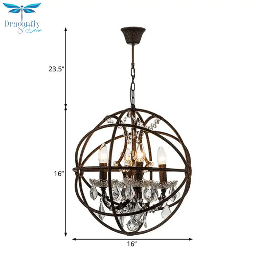 4 Lights Metal Hanging Chandelier Country Black Globe Dining Room Pendant Light Fixture With