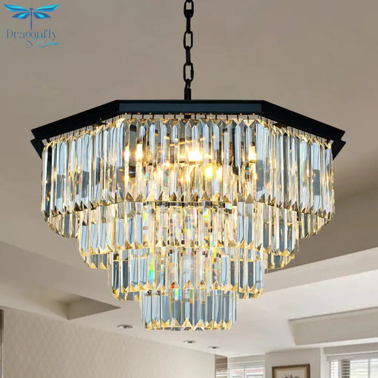 4 Tiers Living Room Suspension Pendant Traditional Clear/Amber Three Sided Crystal Rod 11 Heads