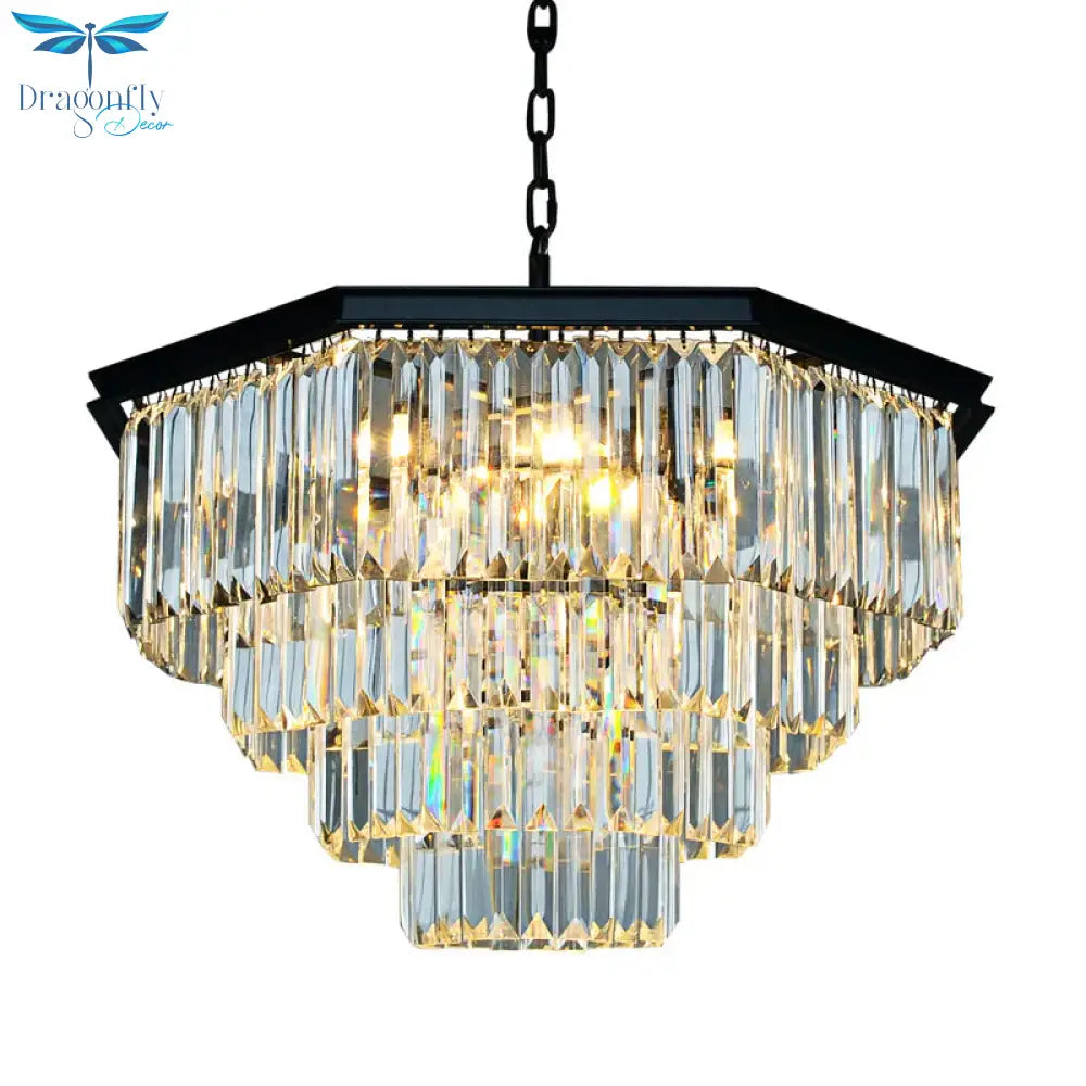 4 Tiers Living Room Suspension Pendant Traditional Clear/Amber Three Sided Crystal Rod 11 Heads