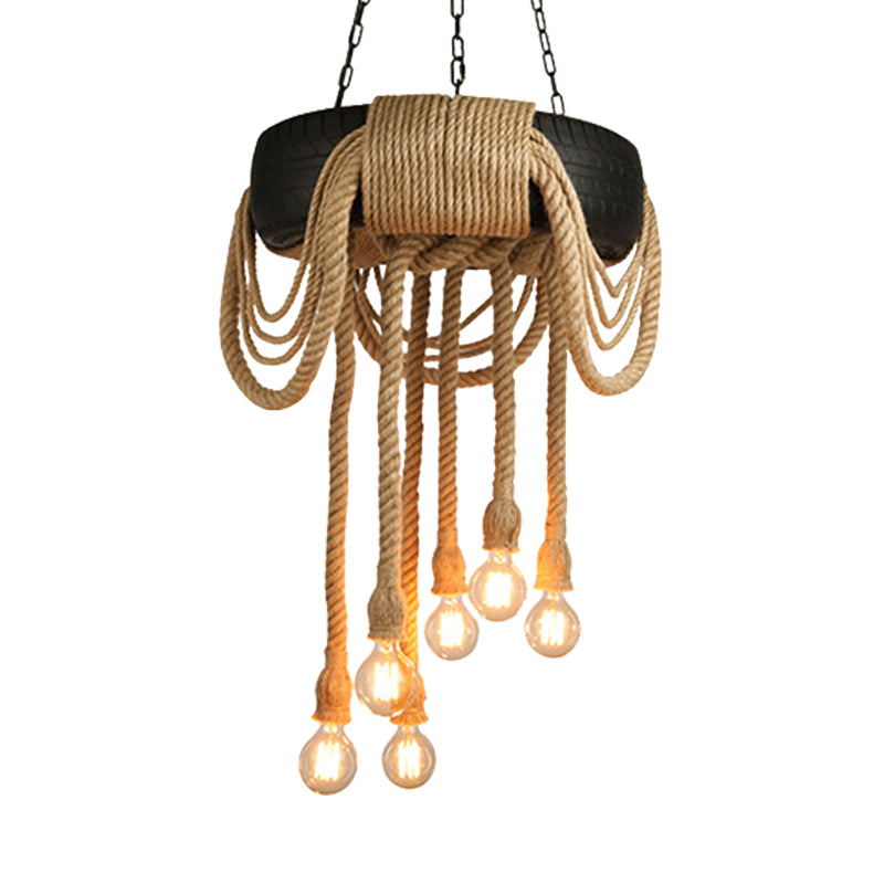 Lucienne - Industrial Beige Rope 6 - Light Bare Bulb Pendant Chandelier
