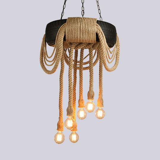 Lucienne - Industrial Beige Rope 6 - Light Bare Bulb Pendant Chandelier