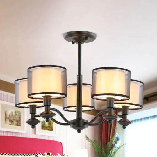 5/6 Bulbs Pendant Chandelier Traditional Double Drum Fabric Hanging Ceiling Light In Black For