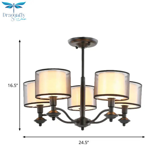 5/6 Bulbs Pendant Chandelier Traditional Double Drum Fabric Hanging Ceiling Light In Black For