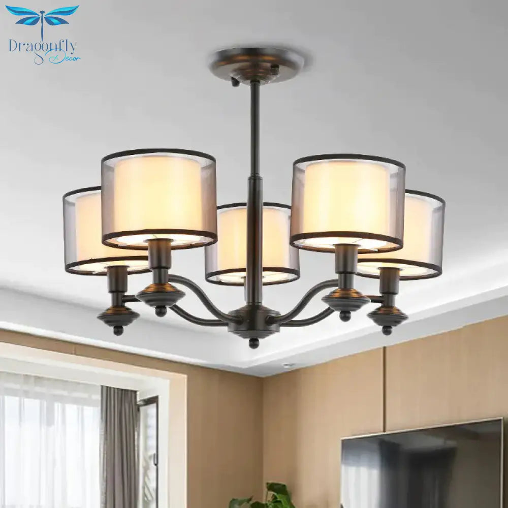 5/6 Bulbs Pendant Chandelier Traditional Double Drum Fabric Hanging Ceiling Light In Black For