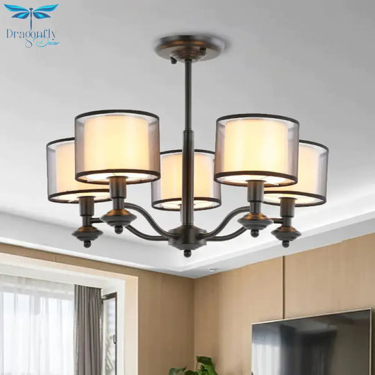 5/6 Bulbs Pendant Chandelier Traditional Double Drum Fabric Hanging Ceiling Light In Black For