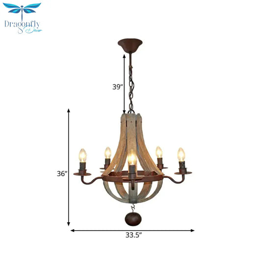 5/6 Lights Chandelier Lighting Fixture Rustic Wine Barrel Wood Hanging Light In Brown For Bedroom