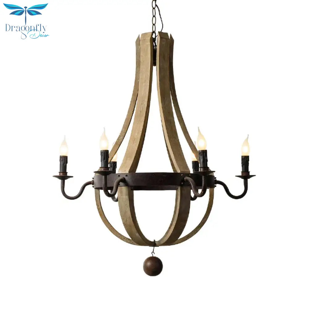 5/6 Lights Chandelier Lighting Fixture Rustic Wine Barrel Wood Hanging Light In Brown For Bedroom