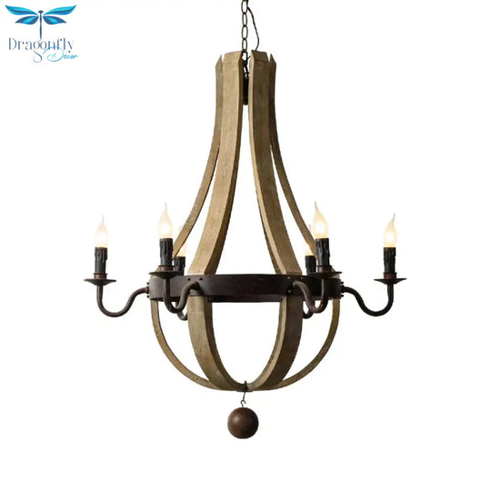 5/6 Lights Chandelier Lighting Fixture Rustic Wine Barrel Wood Hanging Light In Brown For Bedroom