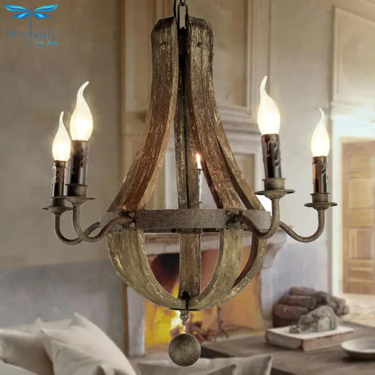5/6 Lights Chandelier Lighting Fixture Rustic Wine Barrel Wood Hanging Light In Brown For Bedroom