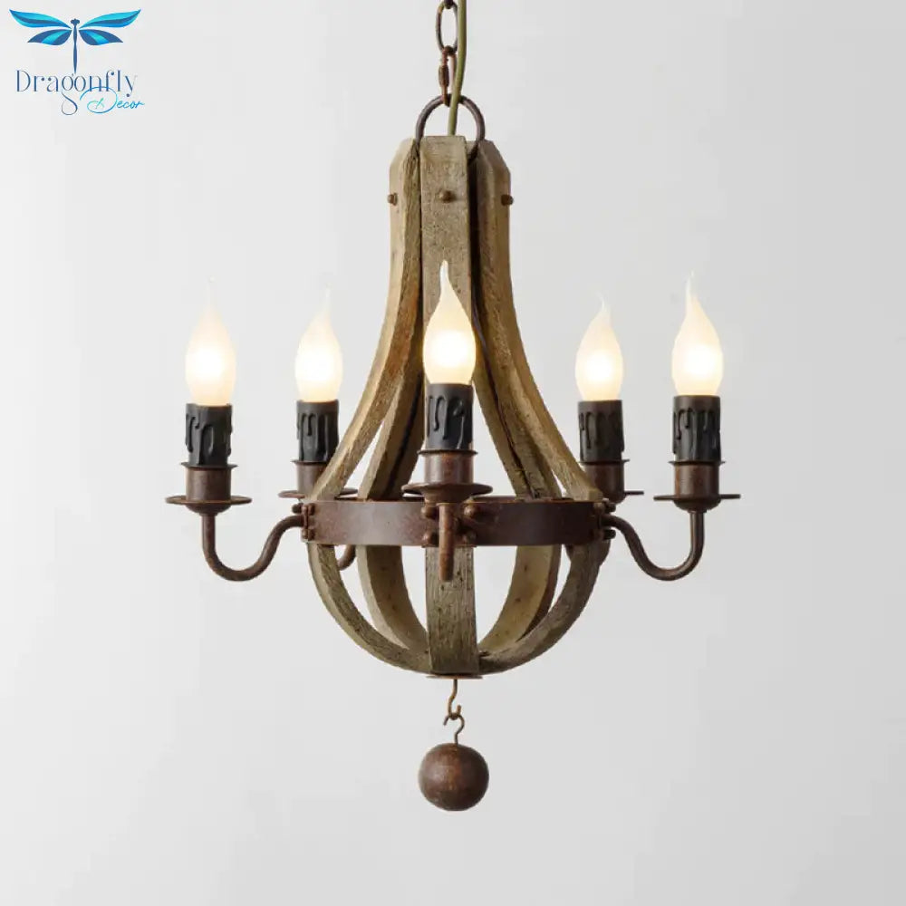 5/6 Lights Chandelier Lighting Fixture Rustic Wine Barrel Wood Hanging Light In Brown For Bedroom