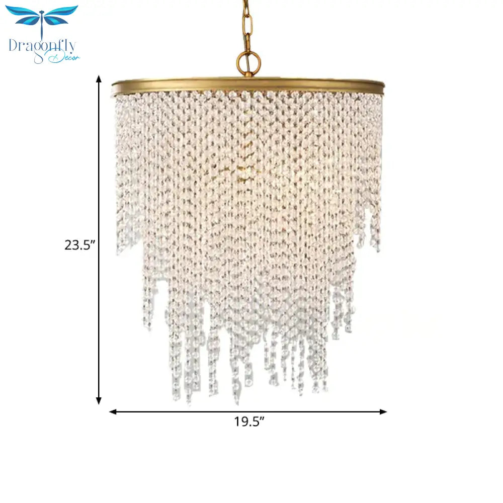 5/6 Lights Waterfall Chandelier Light Rural Brass Crystal Suspension Pendant For Bedroom