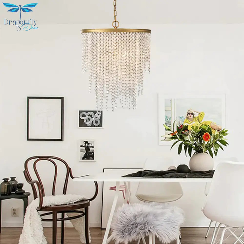 5/6 Lights Waterfall Chandelier Light Rural Brass Crystal Suspension Pendant For Bedroom