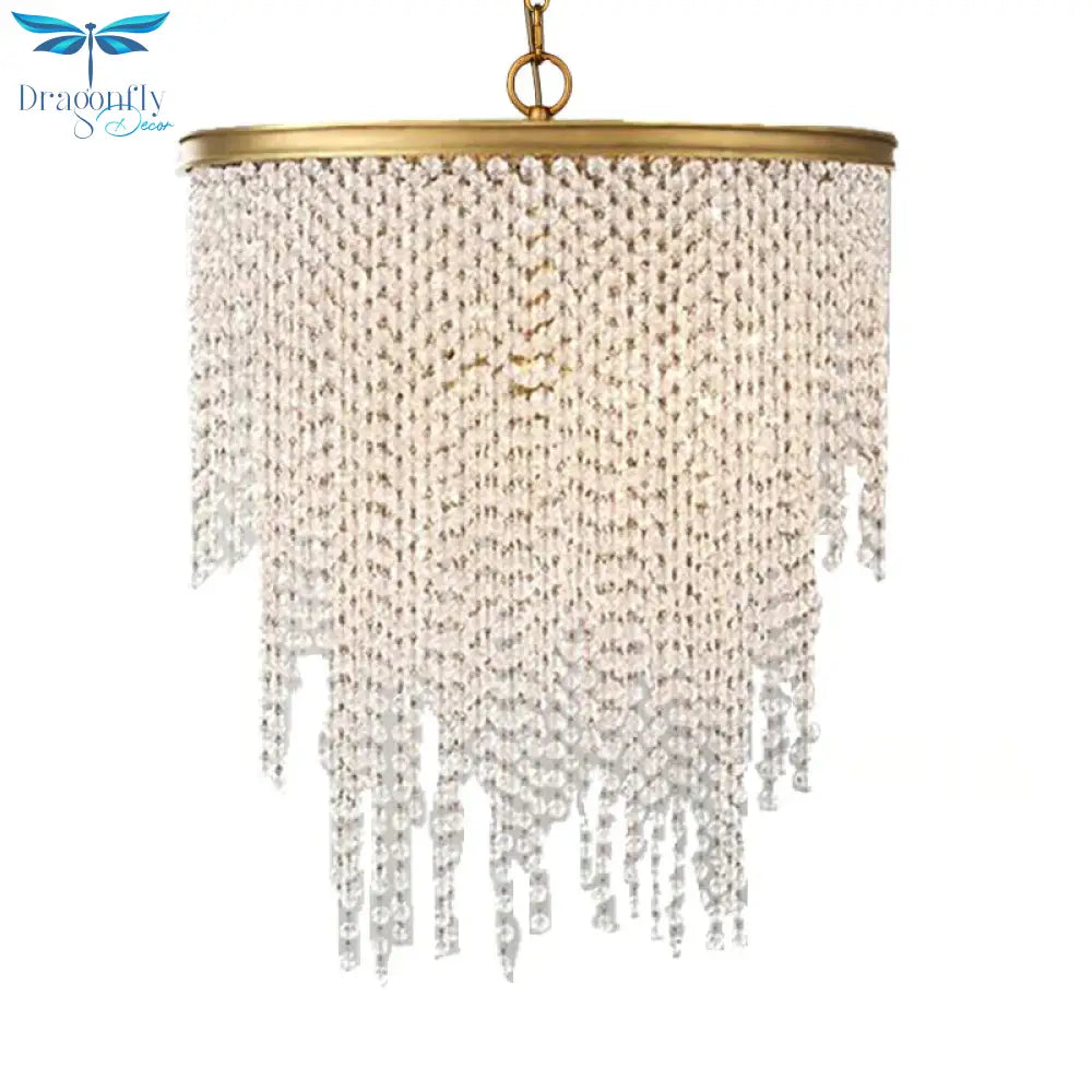 5/6 Lights Waterfall Chandelier Light Rural Brass Crystal Suspension Pendant For Bedroom