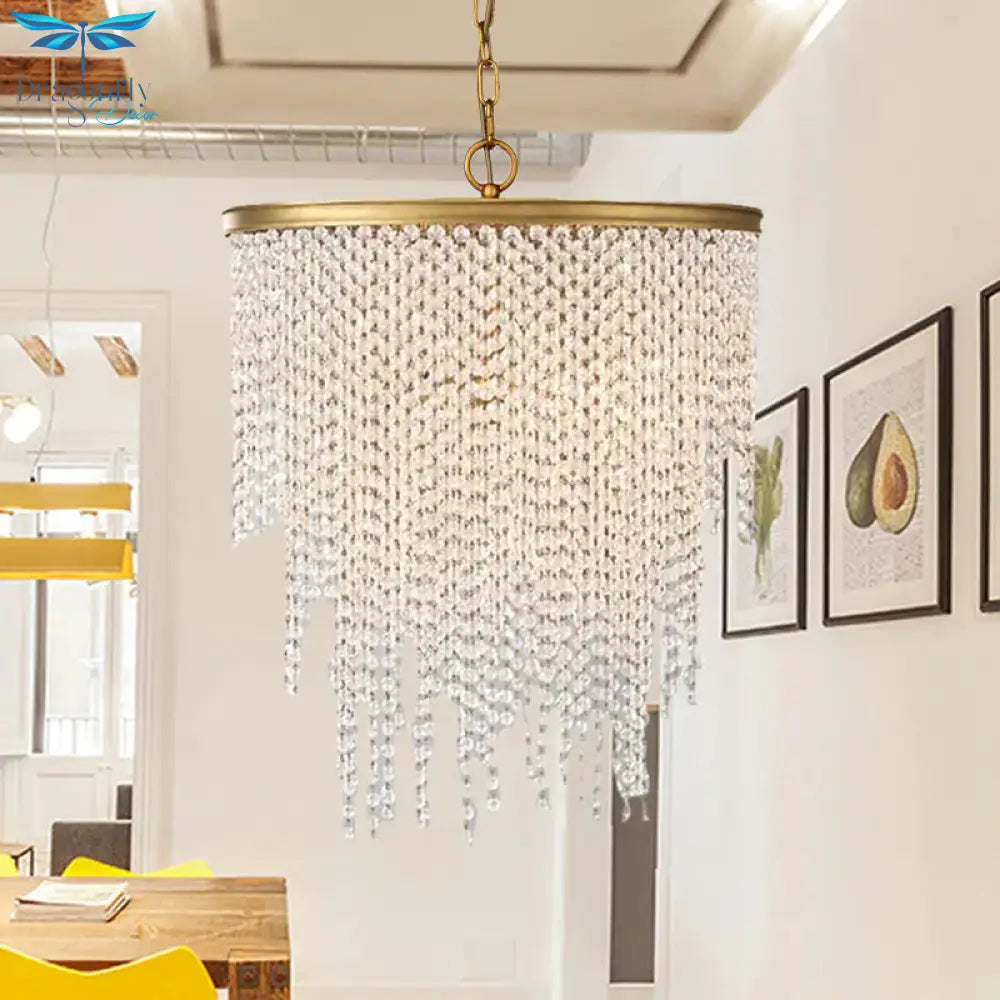 5/6 Lights Waterfall Chandelier Light Rural Brass Crystal Suspension Pendant For Bedroom