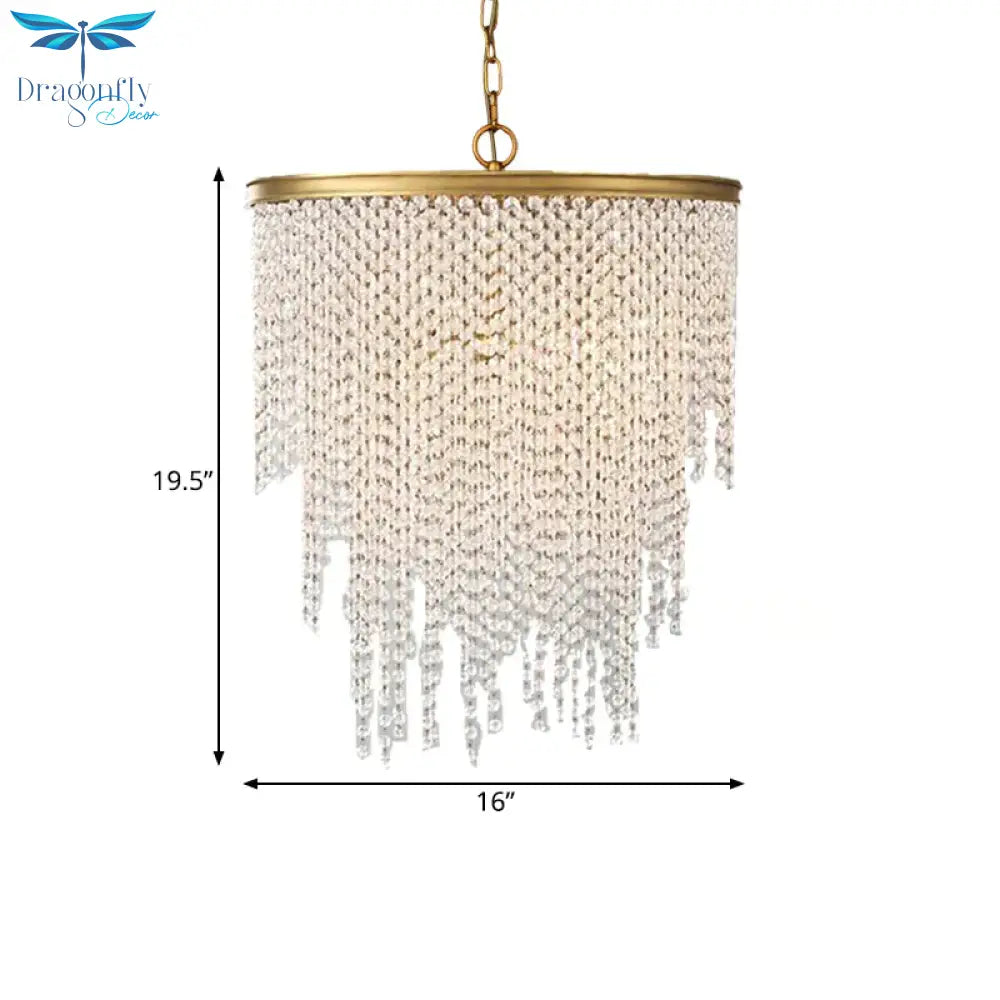 5/6 Lights Waterfall Chandelier Light Rural Brass Crystal Suspension Pendant For Bedroom