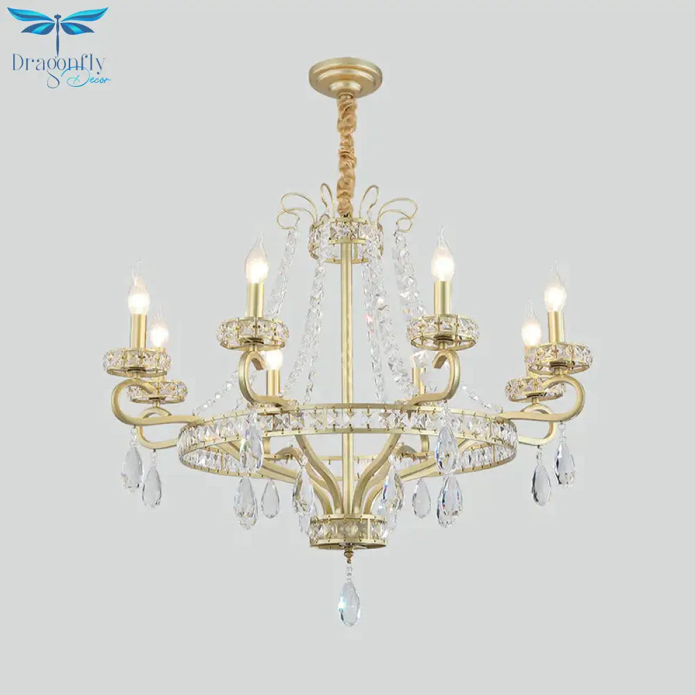 5/8 Bulbs Candle Chandelier Lamp Rustic Gold Crystal Prism Pendant Light Fixture For Living Room