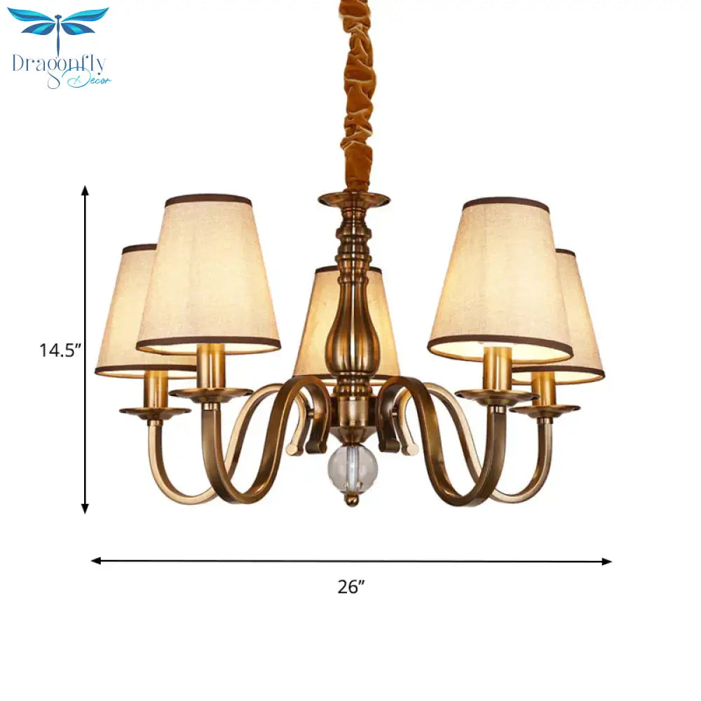 5/8 Heads Chandelier Lighting Fixture With Conical Shade Fabric Vintage Living Room Hanging Pendant