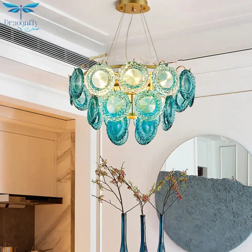 5/8 Lights Bedroom Chandelier Lighting Rustic Blue Pendant Lamp With Conical Crystal Shade