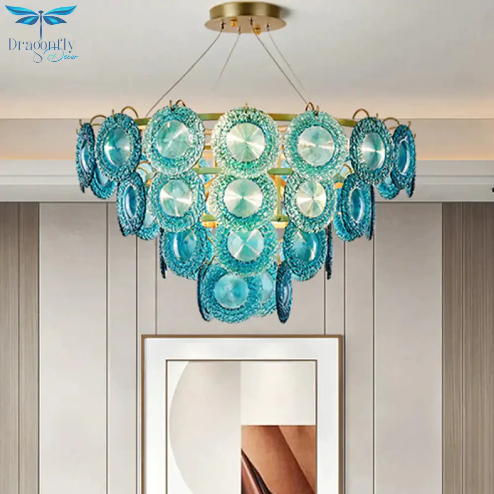 5/8 Lights Bedroom Chandelier Lighting Rustic Blue Pendant Lamp With Conical Crystal Shade
