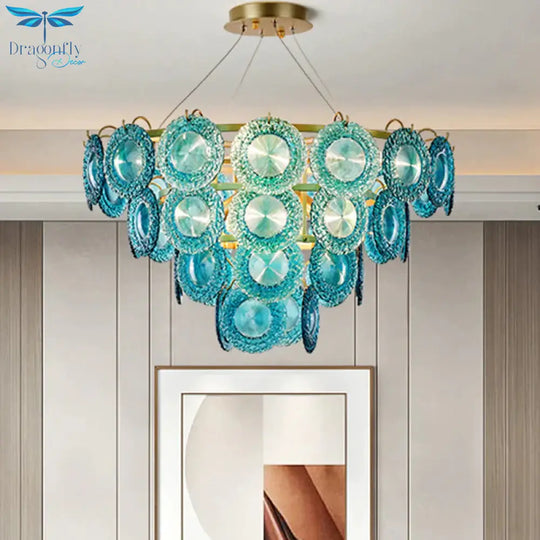 5/8 Lights Bedroom Chandelier Lighting Rustic Blue Pendant Lamp With Conical Crystal Shade