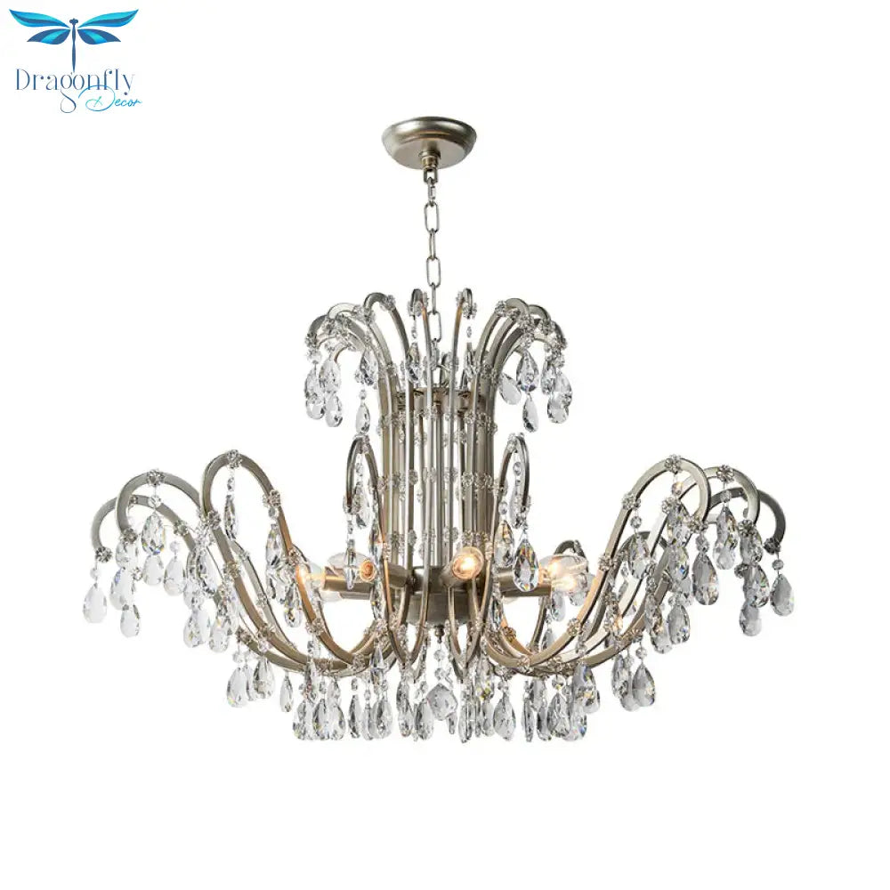 5/8 Lights Chandelier Minimalism Swooping Arm Crystal Pendant Light Kit In Aged Silver