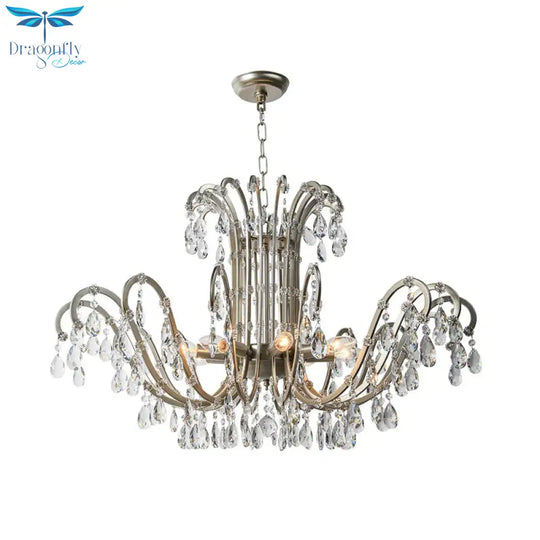 5/8 Lights Chandelier Minimalism Swooping Arm Crystal Pendant Light Kit In Aged Silver