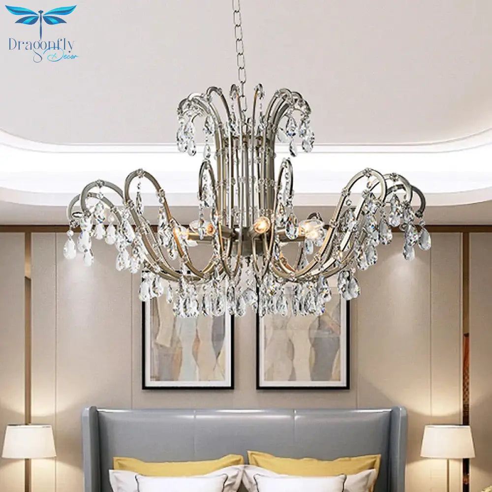 5/8 Lights Chandelier Minimalism Swooping Arm Crystal Pendant Light Kit In Aged Silver