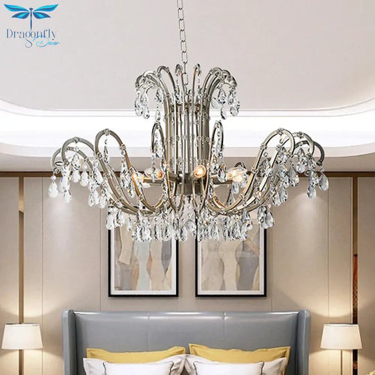 5/8 Lights Chandelier Minimalism Swooping Arm Crystal Pendant Light Kit In Aged Silver