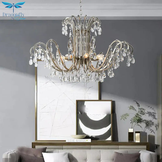 5/8 Lights Chandelier Minimalism Swooping Arm Crystal Pendant Light Kit In Aged Silver