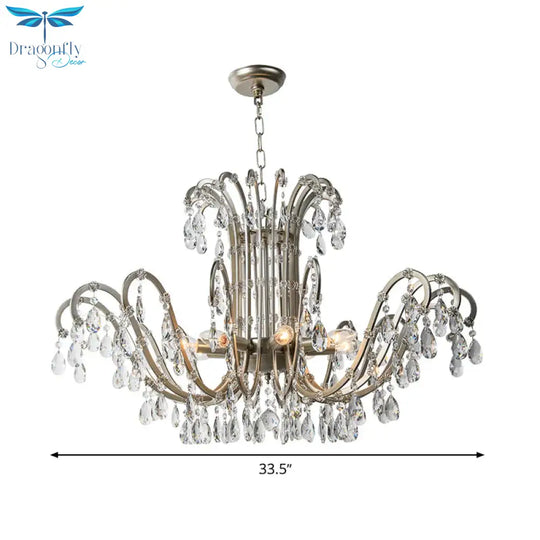 5/8 Lights Chandelier Minimalism Swooping Arm Crystal Pendant Light Kit In Aged Silver