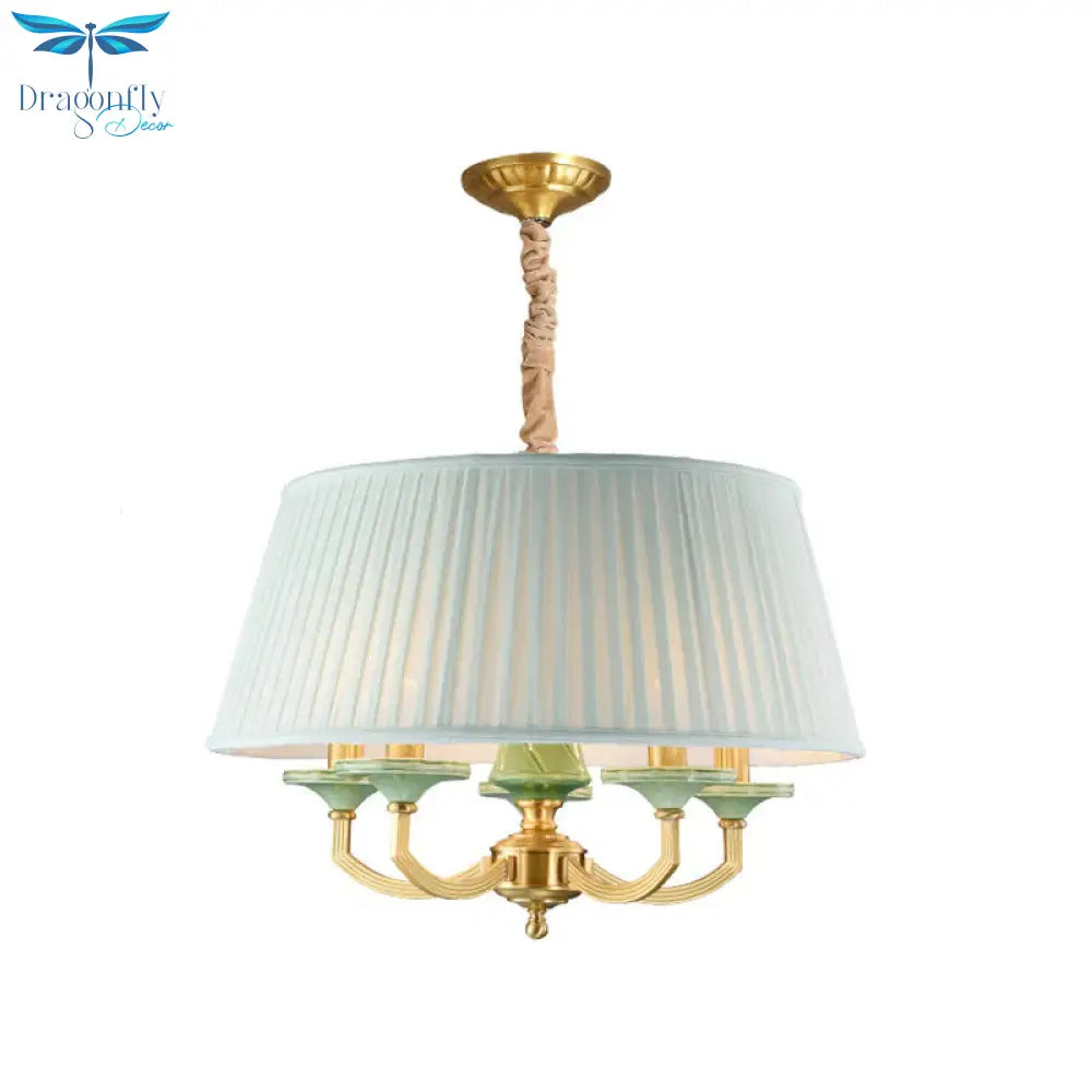 5 - Bulb Chandelier Light Fixture Retro Style Pleated Shade Fabric Drop Pendant In Brass